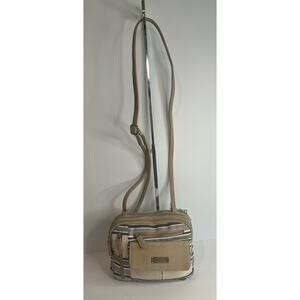 MultiSac Zippy Tan Green Blue Striped Triple‎ Compartment Crossbody Shoulder Bag